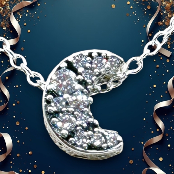 NWOT Sterling silver pave crescent moon charm pendant necklace 18” - Picture 12 of 16